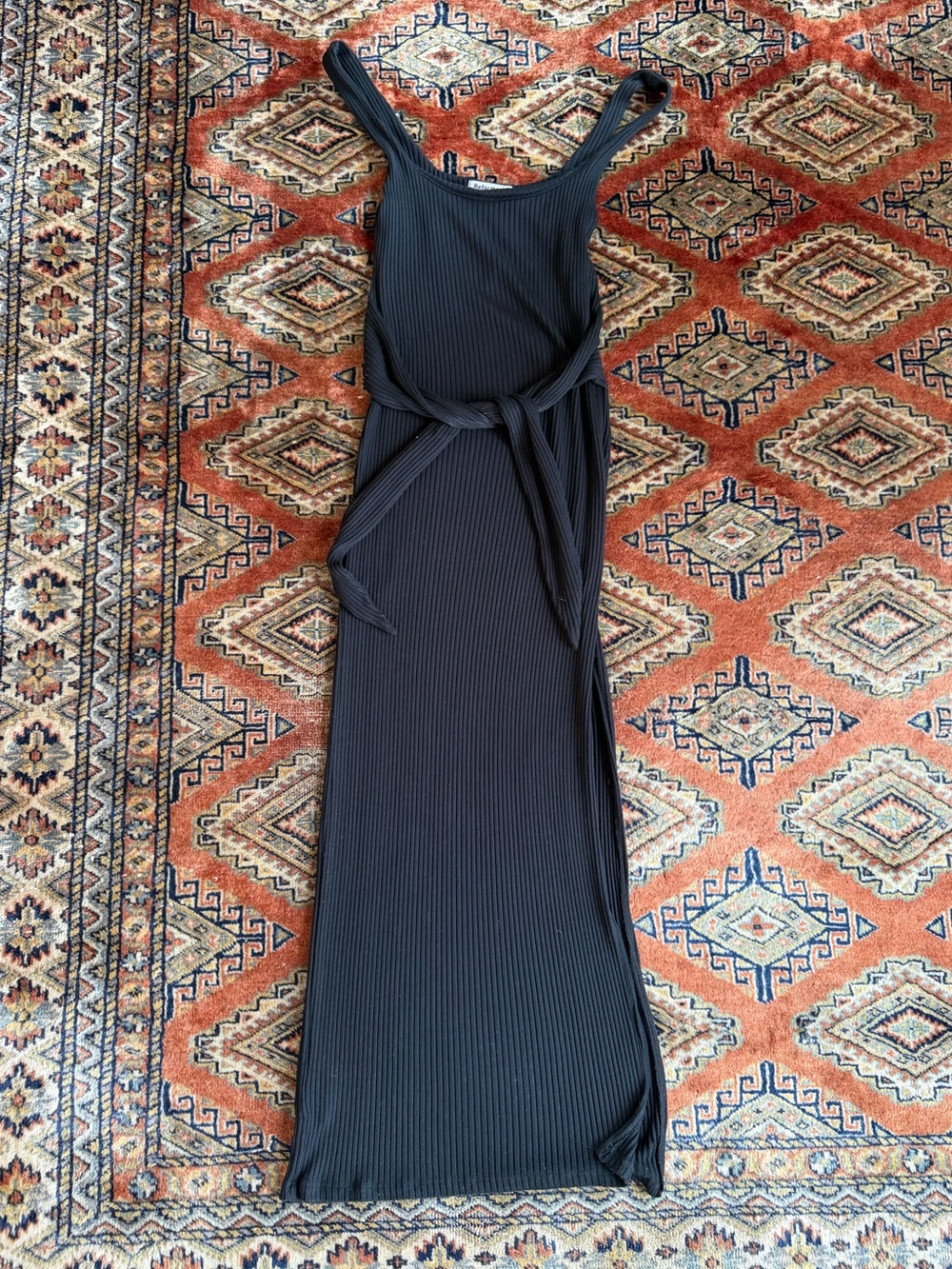 Reformation Black Ribbed Maxi Dress with Waist Tie